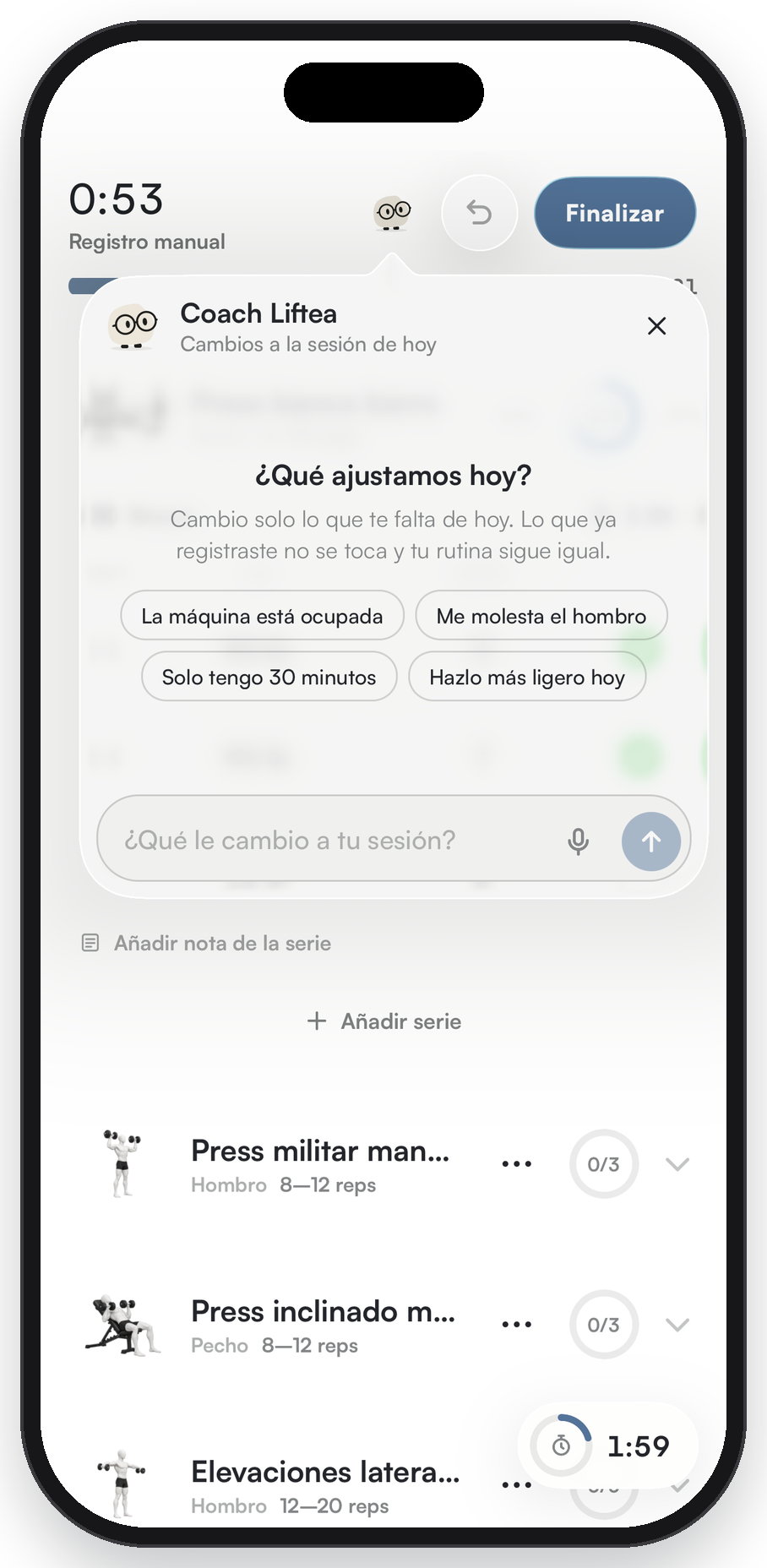 Coach Liftea durante una sesión: atajos como «La máquina está ocupada» o «Solo tengo 30 minutos» y un campo para pedir cambios