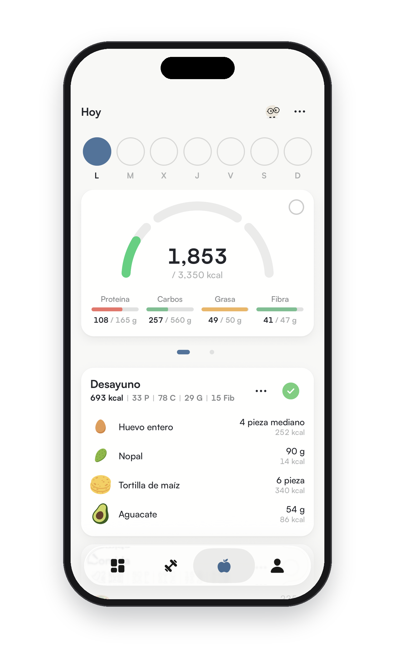 Pantalla de macros de la app Liftea: 1,853 de 3,350 kcal, las barras de proteína, carbohidratos, grasa y fibra, y el desayuno alimento por alimento